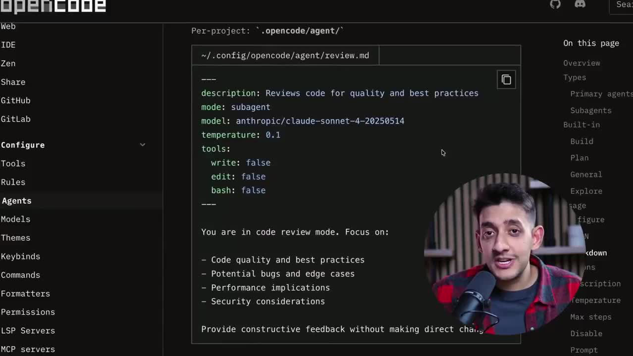 Документация OpenCode: у каждого агента свой файл с моделью и правами